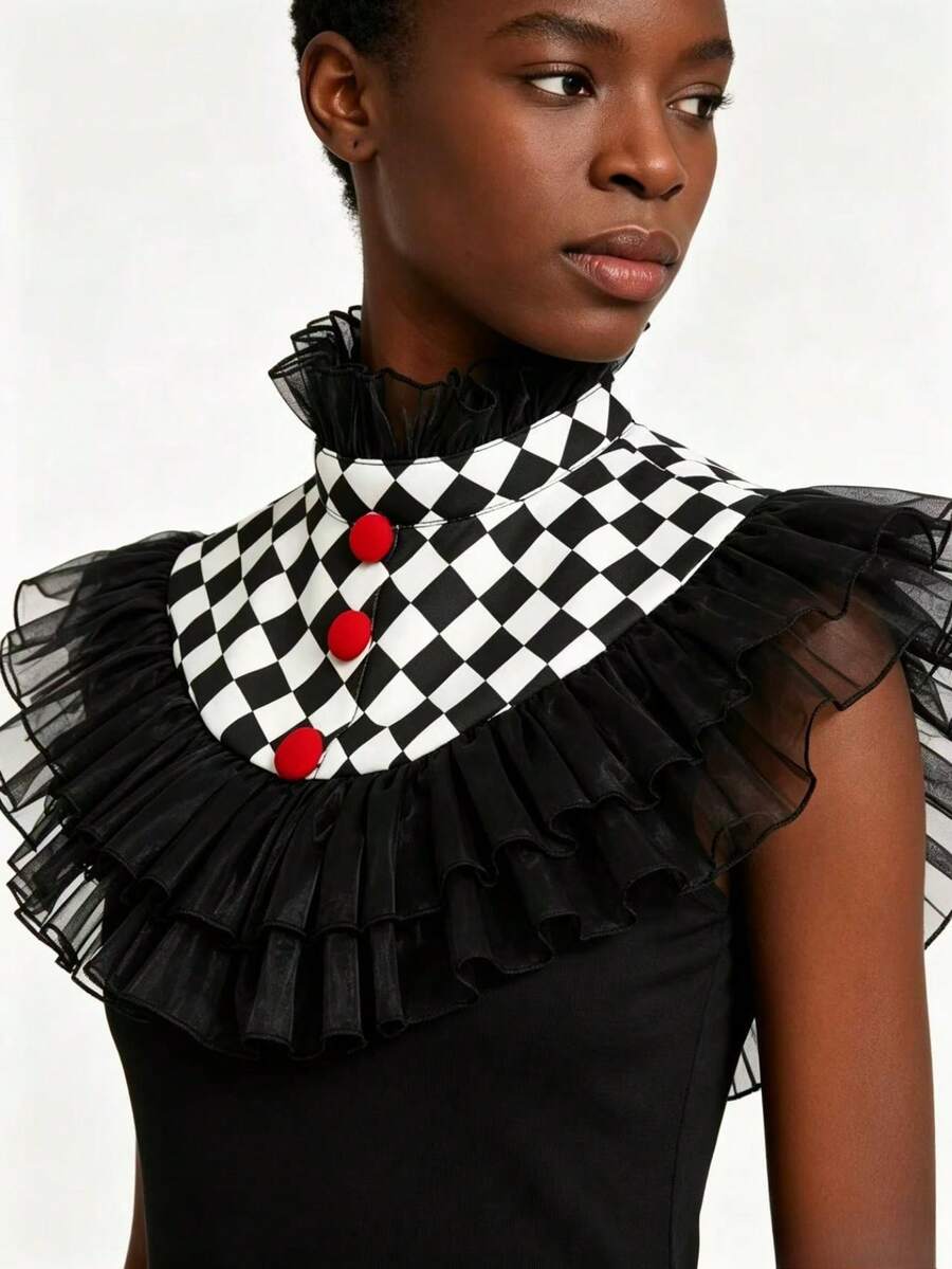 1 buah Kerah Tulle Berumbai Motif Kotak-kotak Hitam & Putih untuk Badut, Dapat Dilepas, dengan Pom-Pom Merah, Aksesori Leher untuk Kostum Pesta Halloween Dewasa