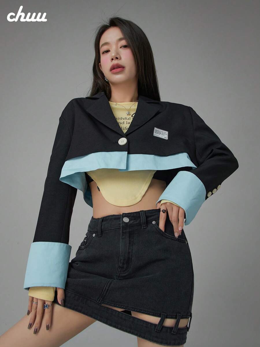 CHUU Chaqueta Blazer de Corte Holgado para Mujer, Diseño de Otoño, Patchwork Único, Estilo de Nicho, Top Favorecedor y Estilizador - Negro - Ver 1