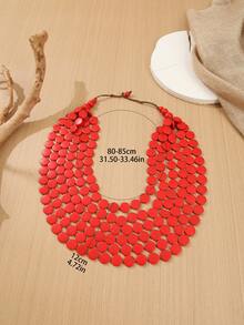 European & American African Exaggerated Vintage Bohemian Multi-Layer Colorful Wooden Bead Long Necklace - Red - View 2