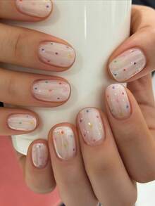 10pcs Colorful Polka Dot Press-On Nails, Minimalist Short Oval False Nails Manicure Set, Suitable For Daily Wear - Multicolor - View 1