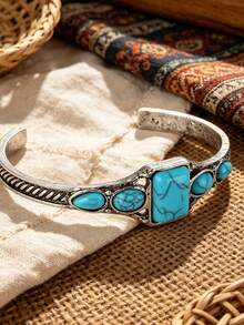 Yanxyad 1/4Pcs Western Boho Turquoise Open Cuff Bangle Set, Antique Silver Carved Cross Adjustable Bracelets For Women - Turquoise - View 4