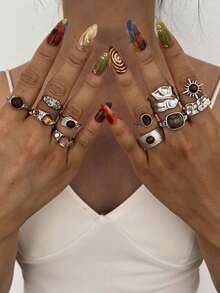 11/6/5pcs Vintage Old Money Style Pleated Texture Faux Gemstone Ring Set, Suitable For Women's Daily Wear - Silver - View 4