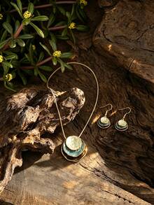 Cring Coco 4Pcs Women Retro Layered Green Gradient Enamel Jewelry Set, Irregular Snake Chain Necklace Drop Earrings Adjustable Ring Boho Statement Accessories - Geometry 1 - View 6