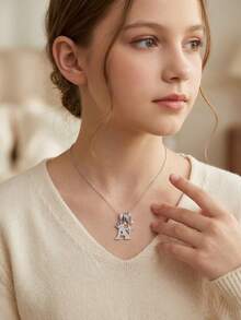 1pc Crown Letter & Four-Pointed Star Necklace, Copper Zirconia Initial Necklace, Jewelry Gift For Girls Party, Date, Vacation, Birthday, Daily Wear - Silver - View 2
