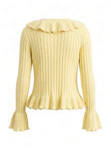 Cardigan Rajut Tipis Wanita, Trim Berumbai, Lengan Panjang, Detail Kancing, Potongan Longgar, Cocok untuk Dipakai di Musim Gugur. - Kuning - View 9