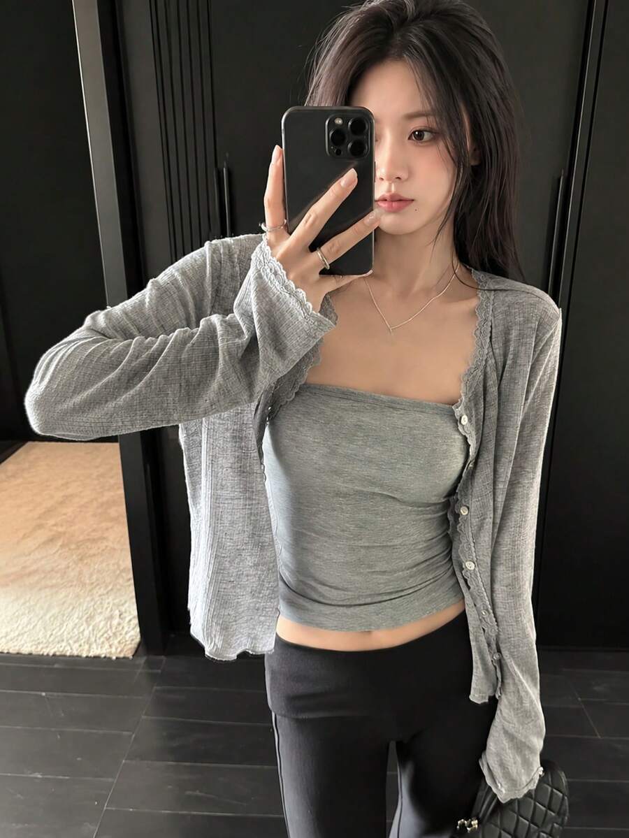女士春夏新款蕾丝拼接花卉饰边柔软针织开衫轻薄外套 - 淺灰色 - 查看 1