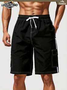 LEDUNTINO [Spring/Summer] Men's Fashion 2-In-1 Double Layer Shorts, Solid Color, Striped, Multi-Pocket, Men's Summer Elastic Waist Shorts - Black - View 1