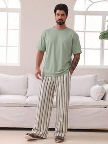 Men's Summer Crew Neck Casual T-Shirt And Casual Long Pants Loungewear Set - Olive Green - View 3