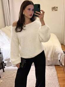 Women Casual Autumn Winter Boat Neck Beige Solid Color Drop Shoulder Knit Top Long Sleeve Puff Sleeves Sweater Daily/Work/ - Beige - View 3