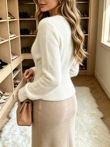 Women's Wrap V-Neck Solid Color Button Long Sleeve Knit Pullover Sweater, French Elegant Soft Comfortable Autumn/Winter Versatile Fashion - Apricot - View 2