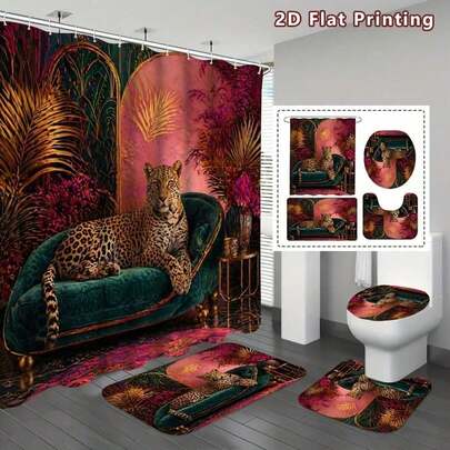 2D Flat, 2D Flat 4pcs Exotic Leopard Shower Curtain Set, Pink And Green Jungle - Inspired Bathroom Decor, Accessories With Bath Mat, U - Shaped Mat, Toilet Lid Cover, Shower Curtain Includes Hooks, Jungle Glam, Home Decor, Bathroo