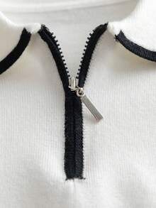 Boys' White Knit Sweater With Half-Zip Collar, Black Contrast Trim On Collar, Cuffs And Hem, Striped Design, Minimalist Preppy Style, Casual Versatile Pullover, Suitable For School Daily Wear In Spring, Autumn And Winter - White - View 5