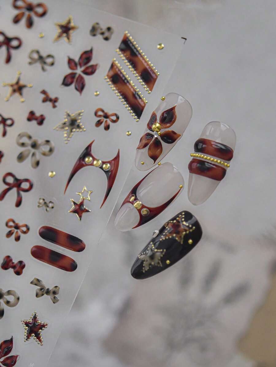 1pc Jelly Nail Art Sticker, New DIY Hot Girl Vintage Nail Decal, Amber Leopard Lily Nail Decoration Sticker - Multicolor - View 1
