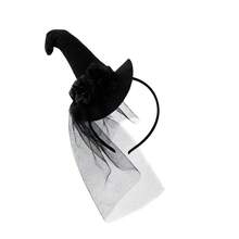 1pc/Halloween Black Tulle Witch Hat Headband, Holiday Party Cosplay Costume Photo Prop Headpiece - Black - View 7