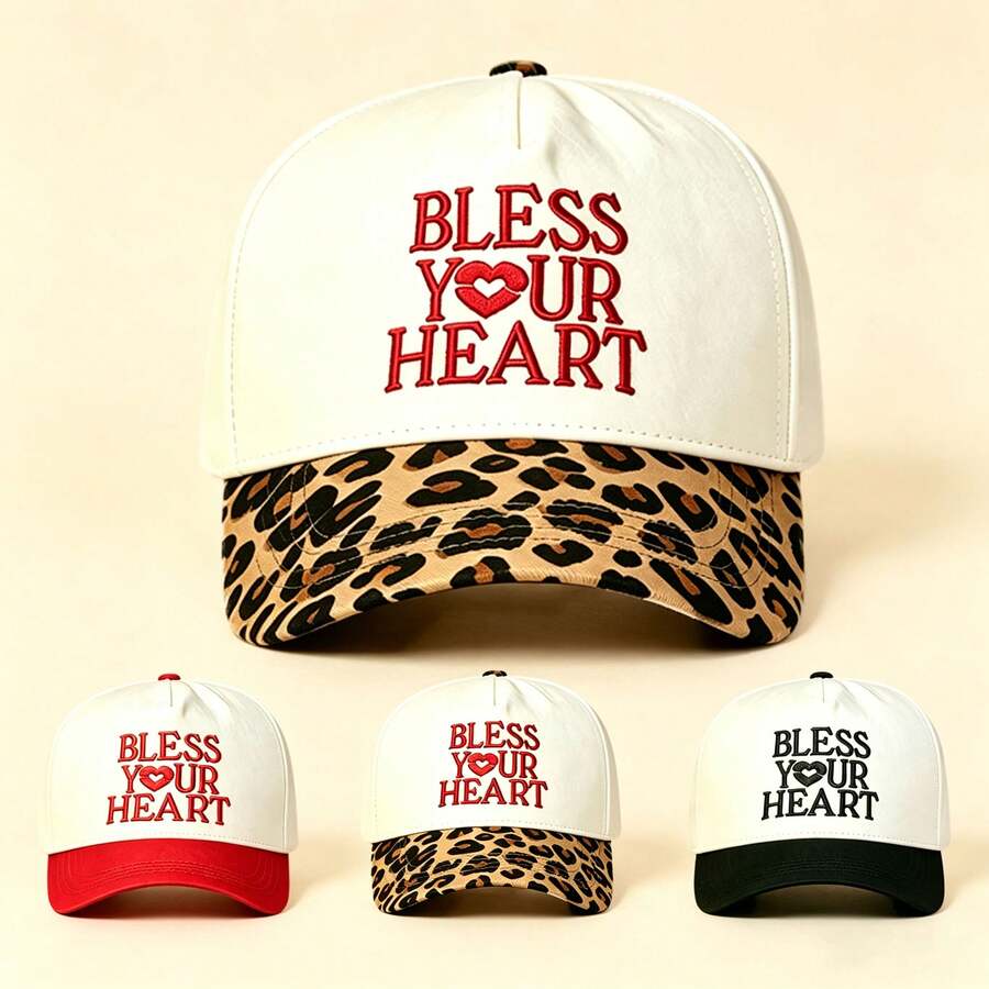 1pc BLESS YOUR HEART Letter Heart Embroidered Baseball Cap Leopard Print/Solid Brim Adjustable Casual Sun Hat Women Outdoor Cap