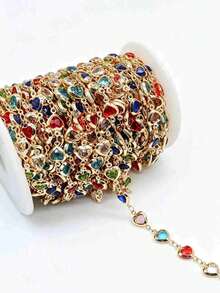 Rantai Tembaga Berwarna-warni Berbentuk Hati Berkilau dengan Batu Permata Kaca Sepanjang 100cm/39,37in, Aksesori Pembuatan Perhiasan DIY, Cocok untuk Pembuatan Kalung, Gelang, Gelang Kaki, Anting-anting, dan Perhiasan Hadiah Buatan Tangan - MultiWarna - View 4