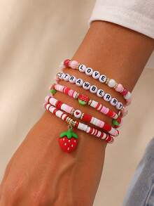 5pcs Bohemian Cute Sweet Pastoral Versatile Fashion Handmade Beaded Soft Clay, CCB, Letter, Strawberry Pendant, Layered, Elastic, Multi-Layer, Beaded Bracelet Set Suitable For Women Music Festival, Party, Bar, Large Gathering Perfect Gift, Gift For Friends And Family, All Seasons, Travel, Photography, Casual, Vacation Daily Wear - Multicolor - View 8