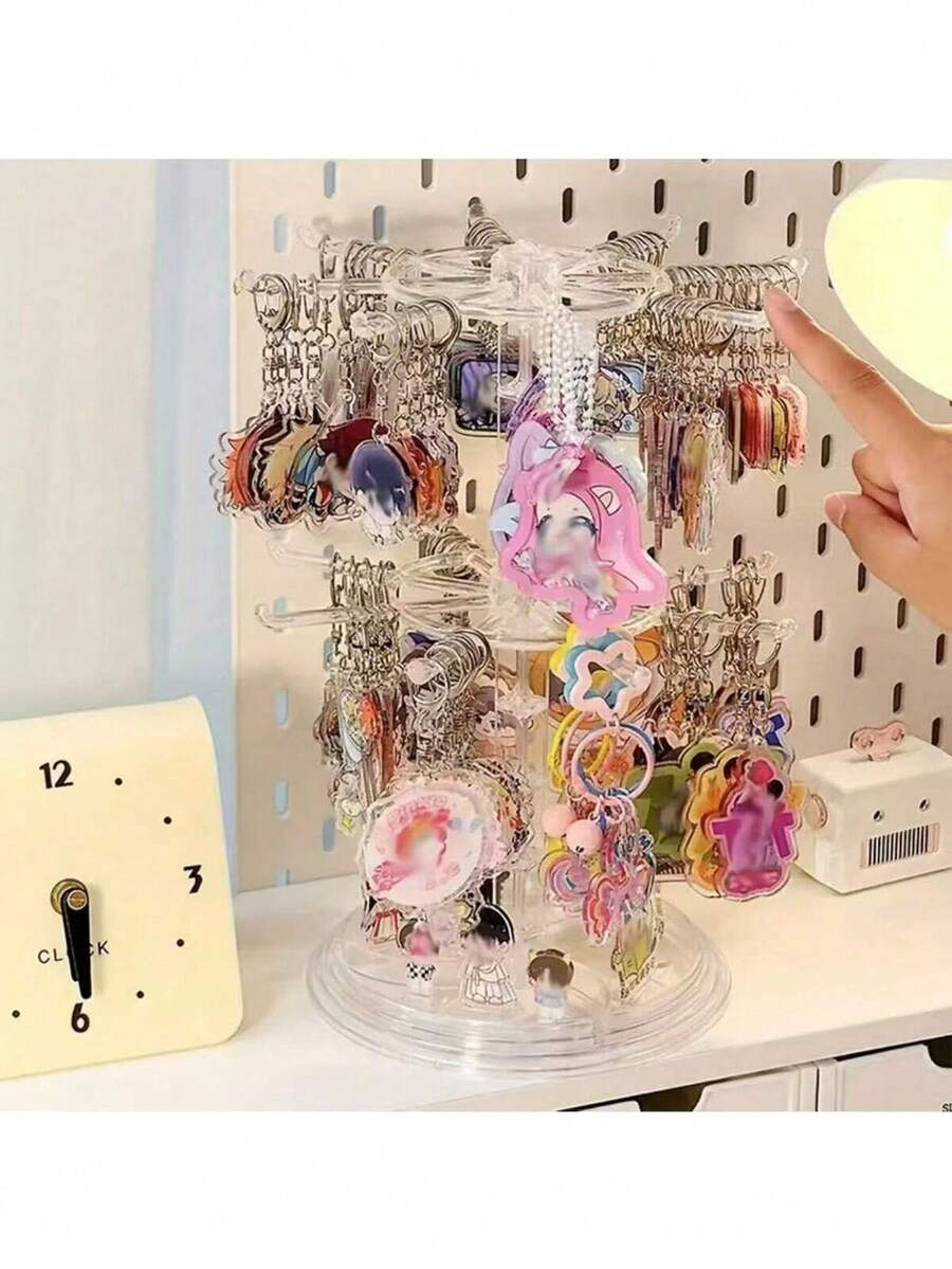 1pc Double-Layer Rotating Jewelry Display Stand, Transparent Plastic Rotating Storage Organizer, Keychain, Necklace, Bracelet, Earring, Badge And Pendant Desktop Storage Rack, Multi-Purpose Desktop Stand, Suitable For Home, Store Display And Travel Use - Multicolor - View 1