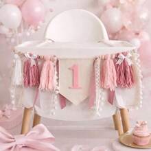 Bohemian Style Pink Theme Birthday Party Decoration Set, First Birthday Pink Lace Bow Tassel Banner, First Birthday Pink Bow Pom Pom Cone Hat, Suitable For Birthday Party - Multiple Styles - View 4