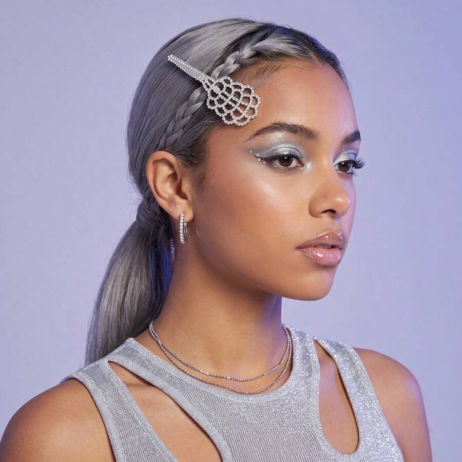 1pc Elegant Rhinestone Hollow Geometric Hair Clip Sparkly Hairpin For Women Party Hair Accessories - Silver - View 1