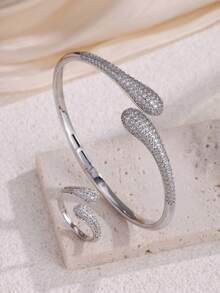 rakol Set Perhiasan Wanita 2 Buah Gelang dan Cincin Terbuka Berbentuk Tetesan Air Mata Warna Emas dengan Hiasan Batu Zirkonia Kubik - tetesan air - View 4