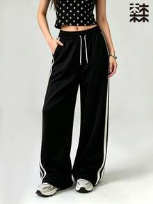 mulinsen Women's Straight Leg Ice Silk Quick Dry Striped Colorblock Sweatpants - Deep Space Black - View 2