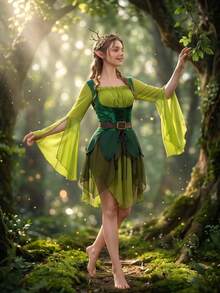 1pc COS Women's Medieval Green Fairy Dress, Halloween Costume - Multicolor - View 3