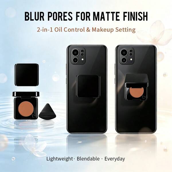 danche Mini Black Baking Setting Powder, Portable Design For Phone Back Attachment, Ultra-Fine Powder With Oil Control Matte Soft-Focus Finish, Blurs Pores, Talc-Free Fragrance-Free Gentle Formula, Suitable For All Skin Types Touch-Ups