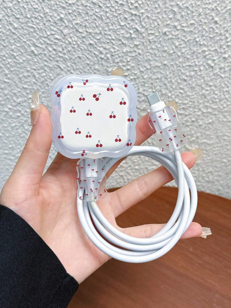 3件組波浪圖案英國標準20W充電線保護套 UV印刷紅色櫻桃設計,適用於英國標準Apple快充20W充電器,防止線材損壞 - 彩色 - 查看 1