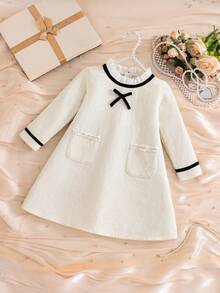 Girls French Style Tweed Dress, Cream Textured Tweed Fabric, Ruffle Collar With Black Satin Bow, Contrast Black Trim Cuffs, Double Pockets With Exquisite Pearl Chain Embellishment, Loose A-Line Silhouette - Apricot - View 3
