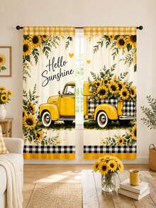 2pcs Beige American Country Style Printed Curtains, Vintage Yellow Pickup Truck Loaded With Sunflowers, Black White Yellow Plaid Trim, Hello Sunshine Heart Pattern, Pastoral Healing Living Room Bedroom Soft Light Semi-Sheer Curtains - Multicolor - View 1