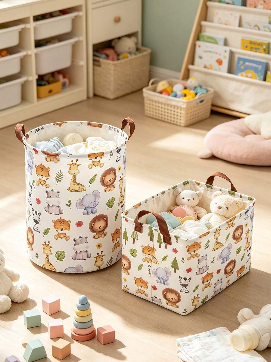Cartoon Animal Print Fabric Storage Basket, Foldable Handheld Storage Box, Baby Toy & Clothing Organizer, Nursery Sundries Storage Bin - Multicolor - View 1
