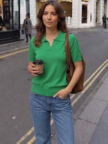 Nueva blusa de punto de verano para mujer, de unicolor, con cuello polo y manga corta - Verde - Ver 1