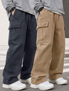2pcs Tween Boys Casual Sports Outdoor Cargo Pants With Big Pockets, Spring/Autumn - Khaki - View 9