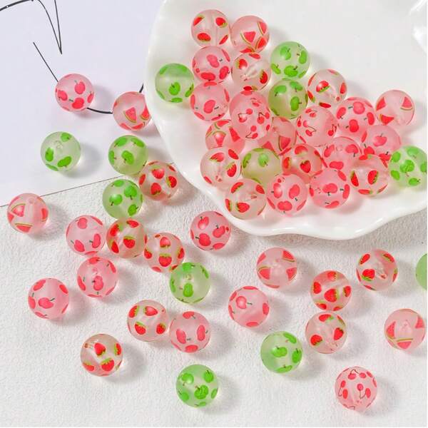10Pcs Fruit Print Matte Acrylic Transparent Beads, Suitable For DIY Jewelry Making, Handmade Accessories Materials, Friendship Gifts, Home Decor, Small Object Decoration