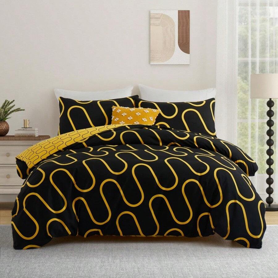 Soft Brushed Microfiber Duvet Bedding Set Wave Pattern For Household Bedroom - Ochre and Black Waves - View 1