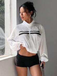 Short Mesh Sports Jacket, Striped Stand Collar Zipper Long Sleeve Sheer Sports Outerwear - White - View 5