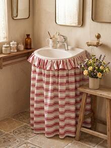 1/2pcs Beige With Red Horizontal Stripes Fabric Wash Basin Skirt, Warm Pastoral Style, Round Top With Ruffle Edge And Gathered Hem Detail, Covers Wash Basin Pipes And Decorative Beautification Function, Suitable For Warm Tone Bathroom And Cozy Home Decor Scenes - Red - View 7