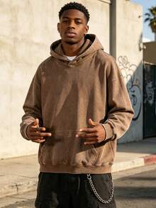 Men's Hooded Sweatshirt 400G, Heavyweight Loose Fit Hoodie, Solid Color Unisex Style, Fall & Winter Casual Wear, Couple Matching Clothing, Winter OOTD - 咖啡棕 - 查看 1