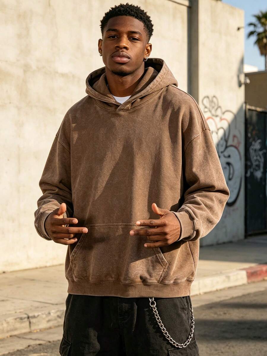 Men's Hooded Sweatshirt 400G, Heavyweight Loose Fit Hoodie, Solid Color Unisex Style, Fall & Winter Casual Wear, Couple Matching Clothing, Winter OOTD - 咖啡棕 - 查看 1