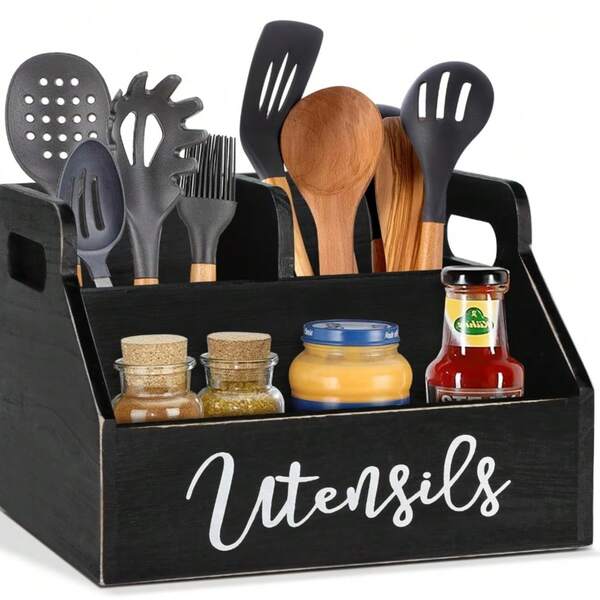 Cooking Utensil Rack Kitchen Utensil Storage Rack Wooden Kitchen Tools Silverware Rack Condiment Storage Rack Cutlery Box With 3 Large Compartments Black Kitchen Accessories