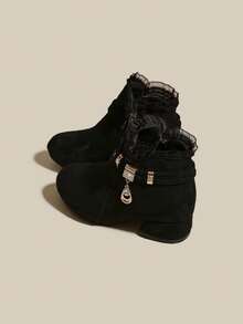 Girls' Black Suede Rhinestone Ankle Boots, Chunky Heel Princess Boots With Side Zipper, Stylish Dress Boots For Little Girls - Black - View 5