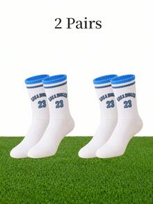 2 Pairs Fun Couple #23 Printed Tennis Mid-Calf Socks, Blue & White Striped Ribbed Cuff Calf Socks, Soft Skin-Friendly Elastic Retro Collegiate Style Training Socks - Blue - View 11