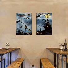 2pcs/Set, Halloween Bat, Castle, Pumpkin Lantern, Modern Aesthetic Painting Mural, Printed Poster, Fashion Home Decor Gift, Unframed - Cartoon - View 2