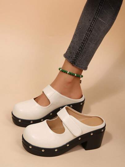 Solid Color Rivet Thick Sole Mule Slippers Women's Minimalist Closed Toe Backless Casual Slouchy High Heel Half-Slip Shoes