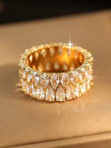 Bộ 5 nhẫn nữ thời trang hình học màu vàng, nhẫn đồng đính đầy đá Cubic Zirconia sang trọng, phù hợp cho đính hôn, Halloween và trang trí hàng ngày - Vàng - Xem 9