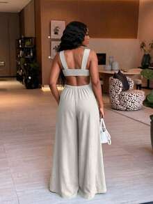 SADE Solid Color Twisted Design Camisole Low Neck Loose Woven Green Jumpsuit Sexy Avant-Garde Street Fashion Date - Beige - View 7