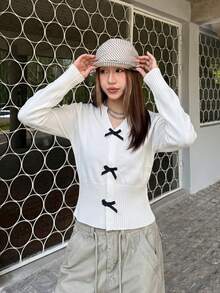 Slouchy Bow Design Knit Sweater Women Autumn/Winter Korean Casual Versatile Premium Knit Top - White - View 4