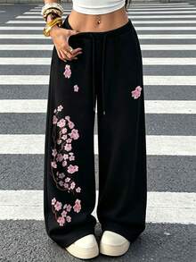 Y2K Black Wide Leg Sweatpants, Cherry Blossom Floral Print, Drawstring Elastic Waist, Loose Stretch Long Pants, Suitable For Daily And Back To School Outfits - Black - View 2