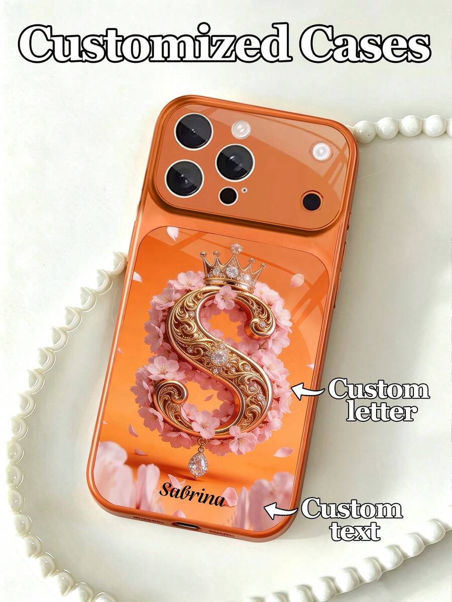 1pc Customizable Text & Letter Design Phone Case With Pink Sakura Scroll Pattern & Hollow Details, Made Of Tempered Glass, Suitable For IPhone 17 ProMax/17 Air/15/16 Pro/14 Plus/13 Pro/12 Pro Max/11 Models, Tempered Glass Camera Protection, Tempered Glass Back Cover, Large Window Phone Protective Case, Best Gift For Friends And Family - Orange - View 1